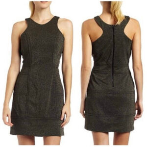 BCBGeneration Racerback Bodycon Mini Dress Size L Black Gold Sparkle
